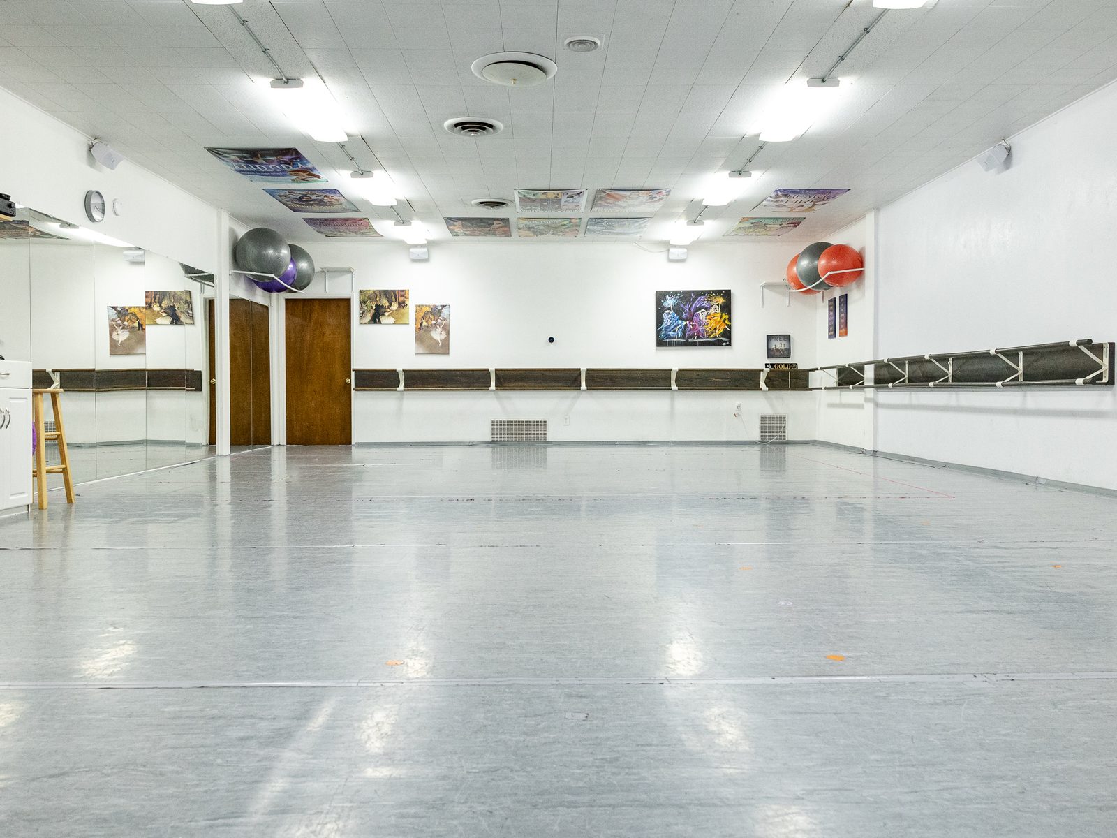 Studio 2, the ballet room, with wall-mounted barres and exercise balls