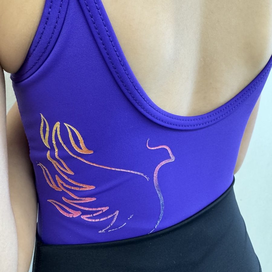 Purple uniform leotard with a printed ombre Flare phoenix on the back