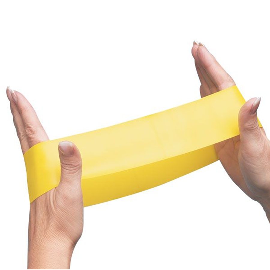 Yellow theraloop resistance band stretched between two hands